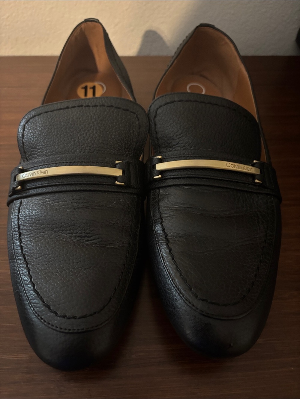 Calvin Klein Women's Size 11 Black Leather Loafers with Gold Accent